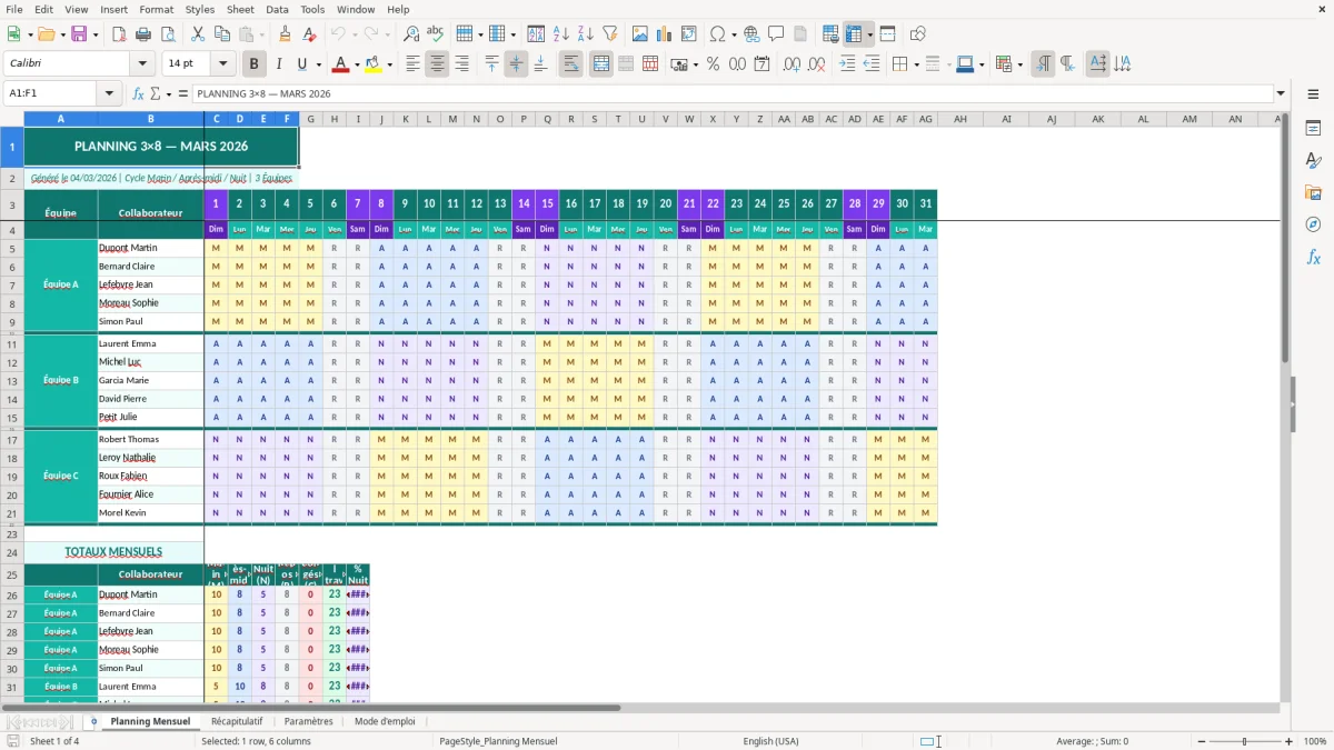 Capture d'écran 1 : Feuille Planning Mensuel - Modèle Excel planning 3x8 excel