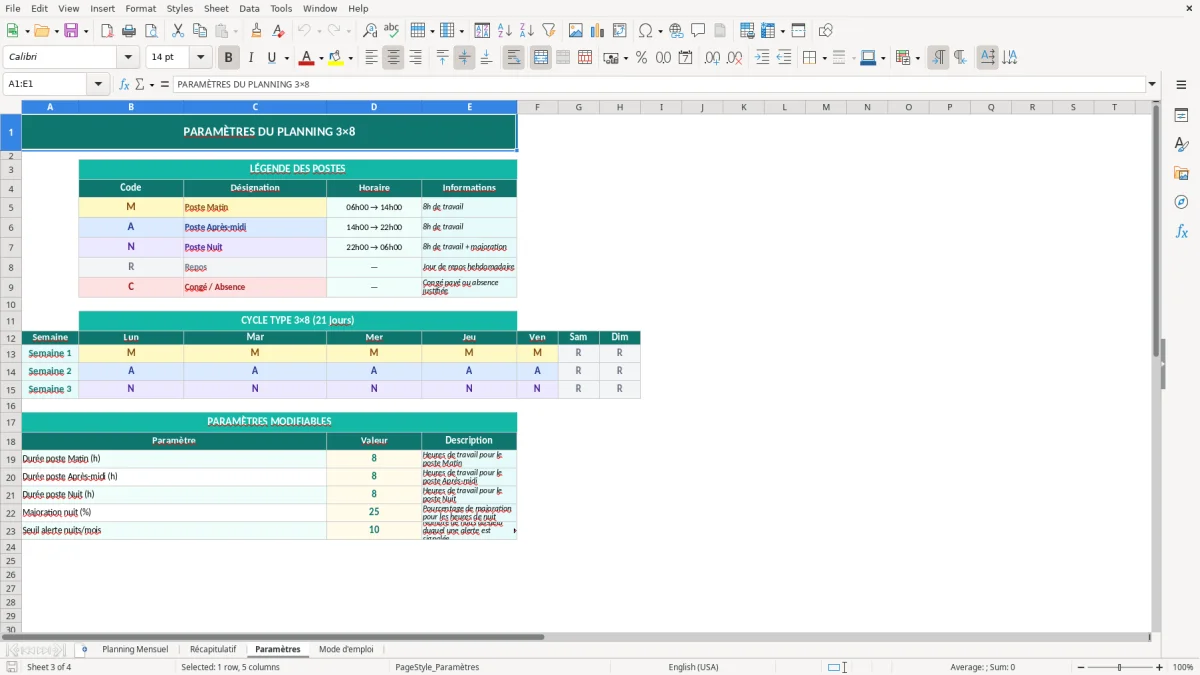 Capture d'écran 3 : Feuille Paramètres - Modèle Excel planning 3x8 excel