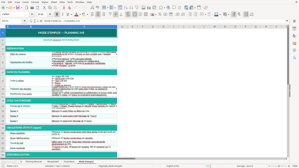 Capture d'écran 4 : Feuille Mode d'emploi - Modèle Excel planning 3x8 excel
