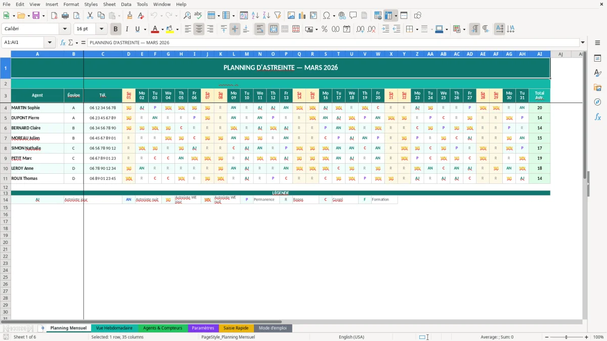 Capture d'écran 1 : Feuille Planning Mensuel - Modèle Excel planning astreinte excel