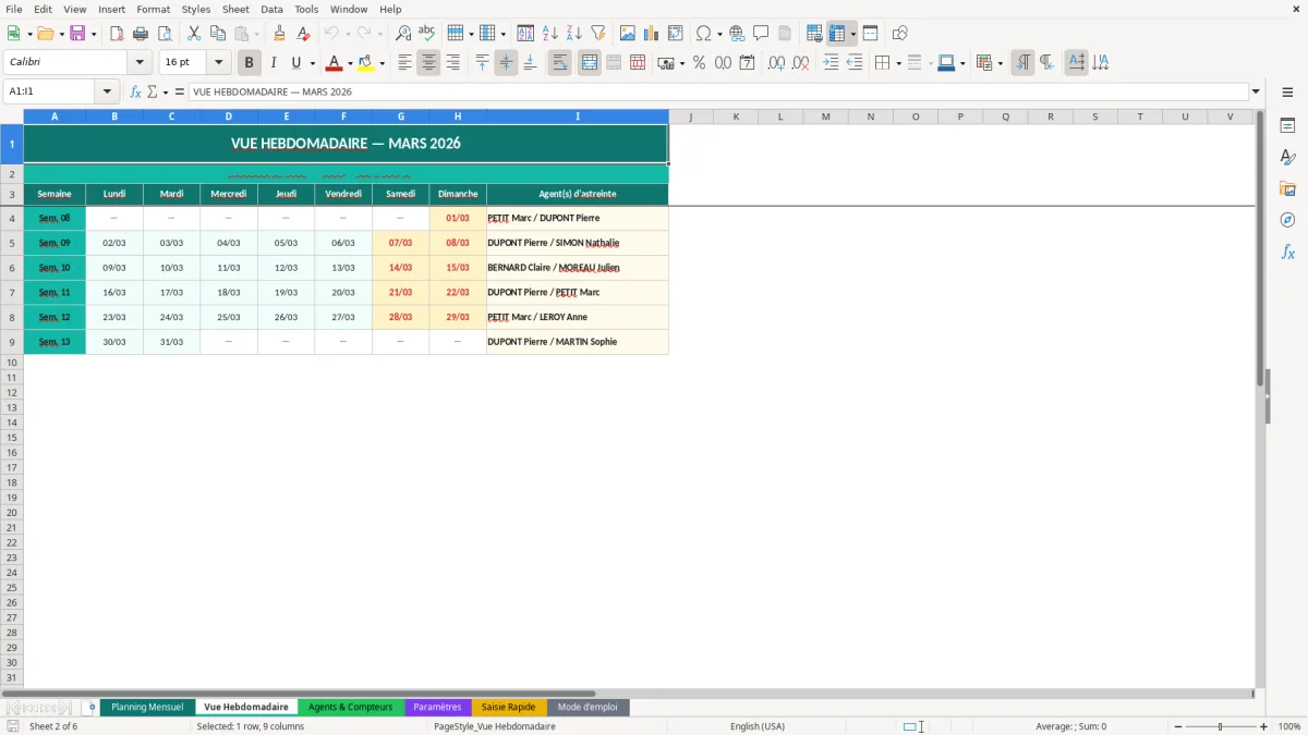 Capture d'écran 2 : Feuille Vue Hebdomadaire - Modèle Excel planning astreinte excel