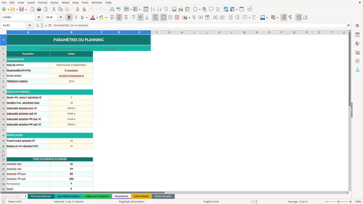 Capture d'écran 4 : Feuille Paramètres - Modèle Excel planning astreinte excel