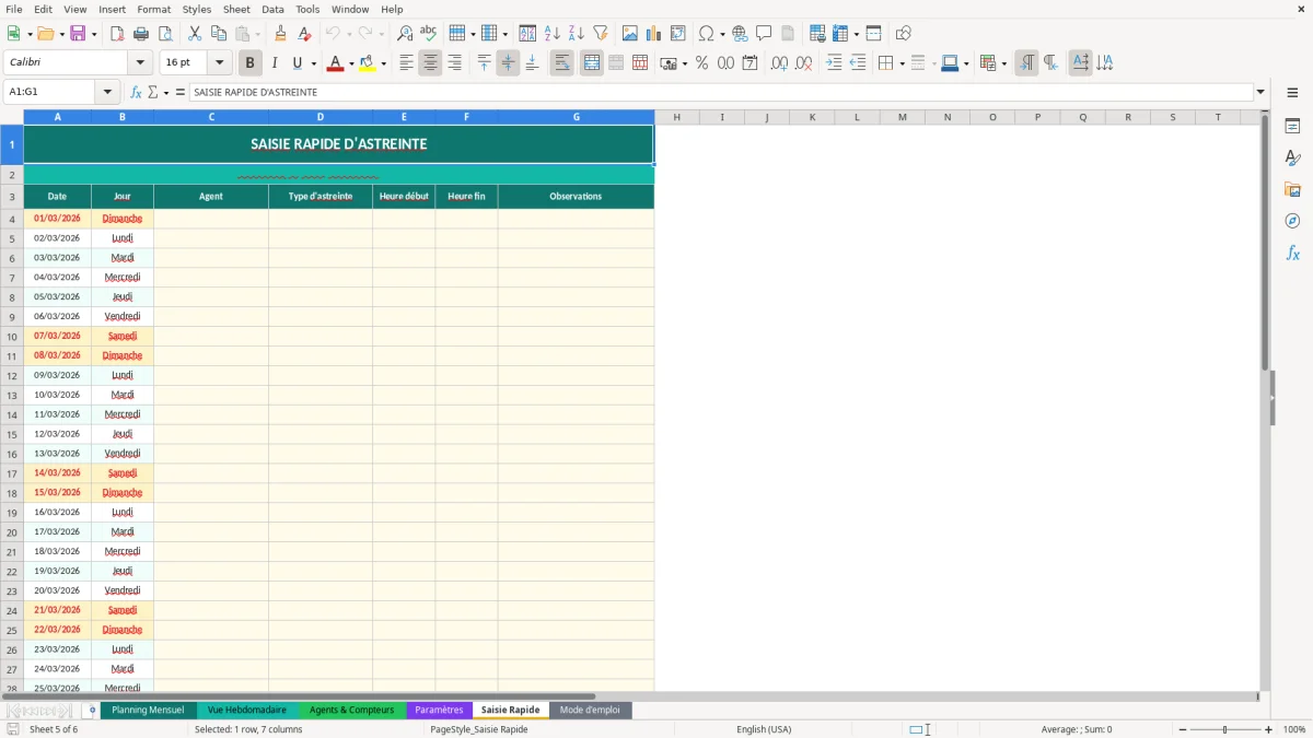 Capture d'écran 5 : Feuille Saisie Rapide - Modèle Excel planning astreinte excel