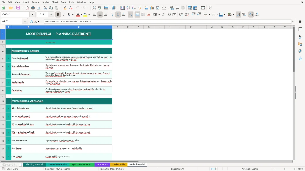 Capture d'écran 6 : Feuille Mode d'emploi - Modèle Excel planning astreinte excel