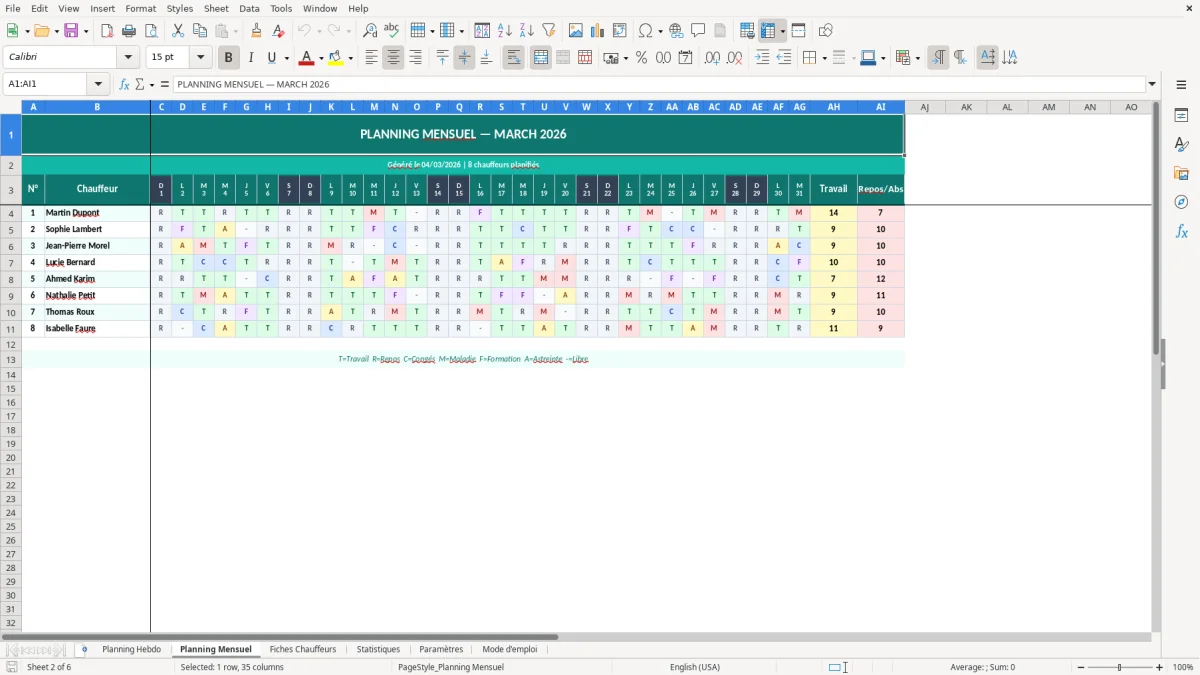Capture d'écran 2 : Feuille Planning Mensuel - Modèle Excel planning chauffeurs excel