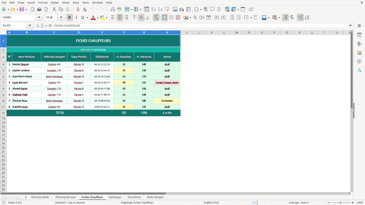 Capture d'écran 3 : Feuille Fiches Chauffeurs - Modèle Excel planning chauffeurs excel