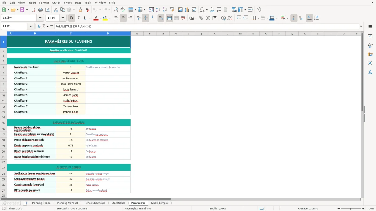 Capture d'écran 5 : Feuille Paramètres - Modèle Excel planning chauffeurs excel