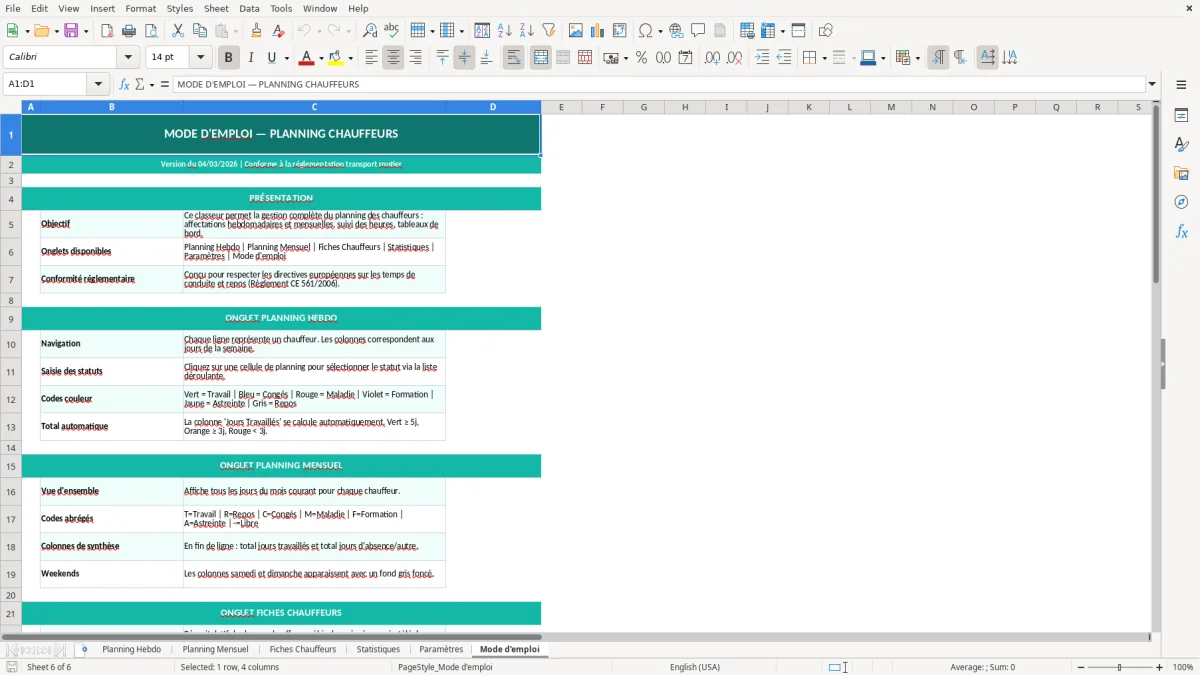Capture d'écran 6 : Feuille Mode d'emploi - Modèle Excel planning chauffeurs excel