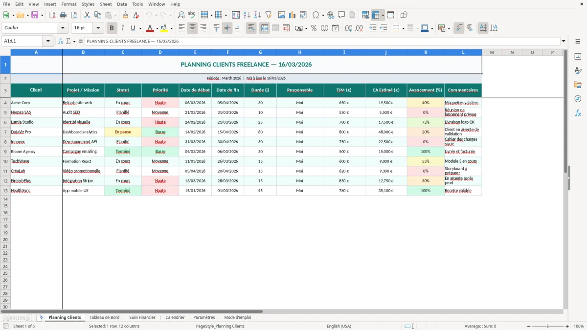 Capture d'écran 1 : Feuille Planning Clients - Modèle Excel planning clients freelance excel