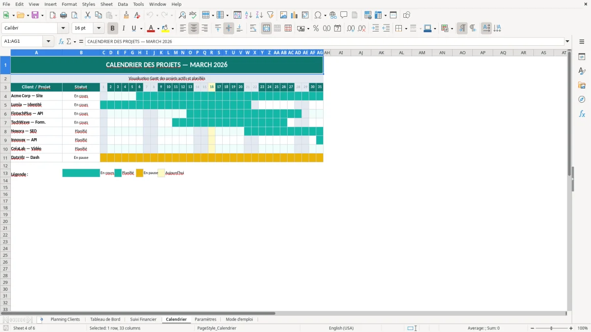 Capture d'écran 4 : Feuille Calendrier - Modèle Excel planning clients freelance excel