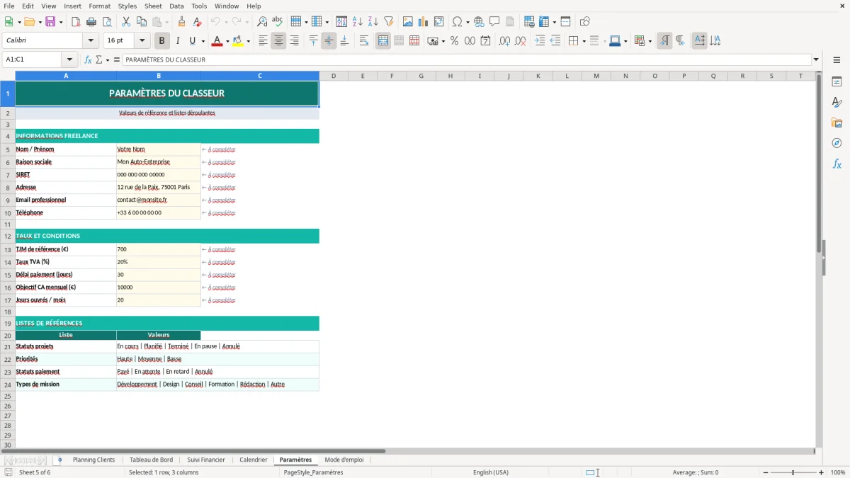 Capture d'écran 5 : Feuille Paramètres - Modèle Excel planning clients freelance excel