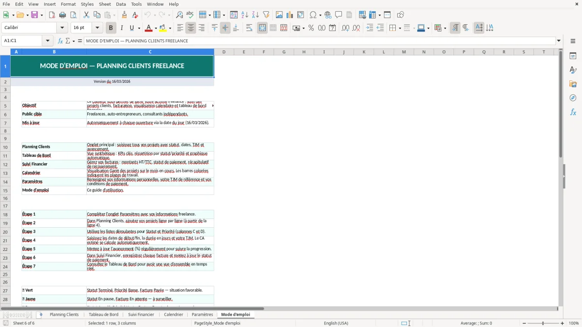 Capture d'écran 6 : Feuille Mode d'emploi - Modèle Excel planning clients freelance excel