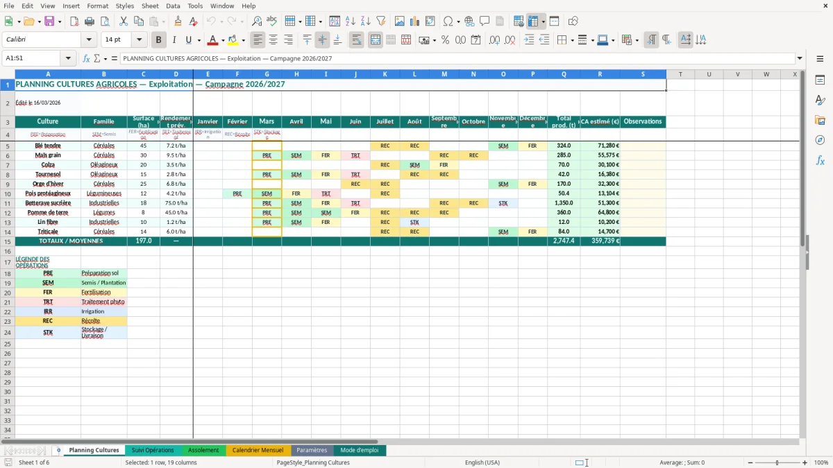 Capture d'écran 1 : Feuille Planning Cultures - Modèle Excel planning cultures agricoles excel