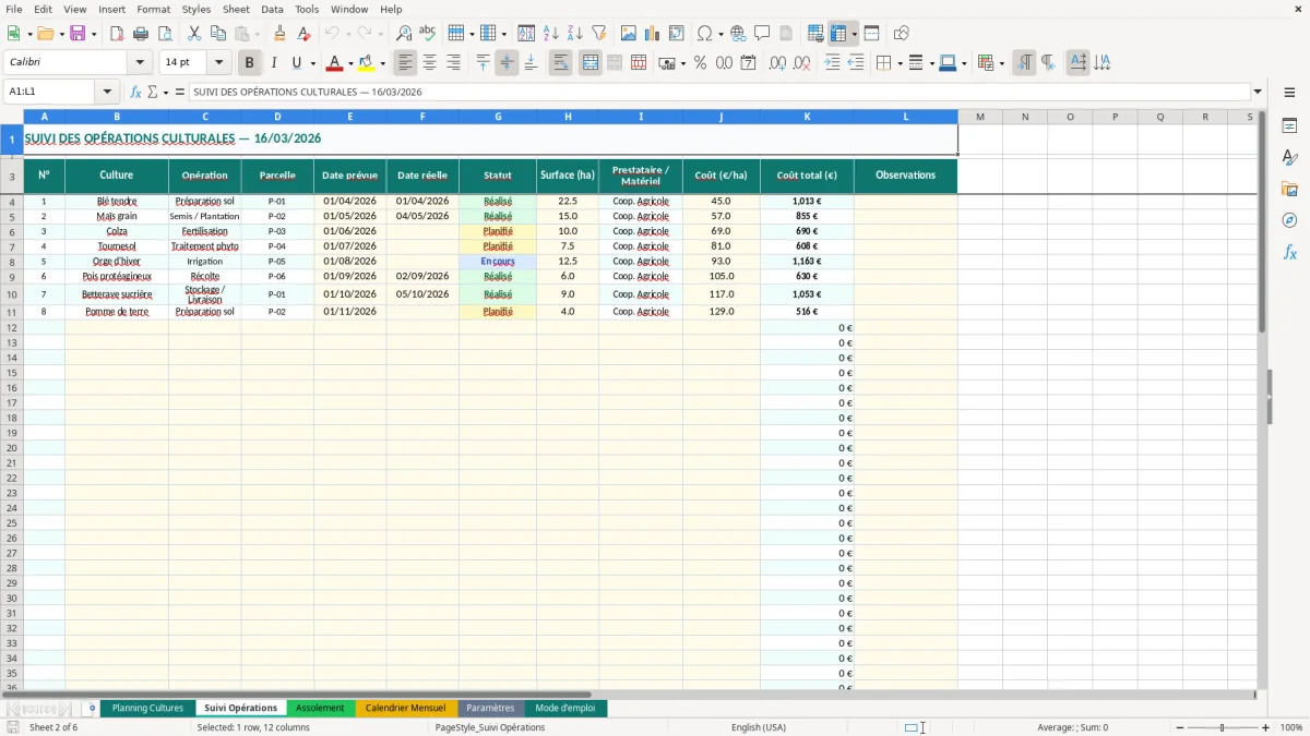 Capture d'écran 2 : Feuille Suivi Opérations - Modèle Excel planning cultures agricoles excel