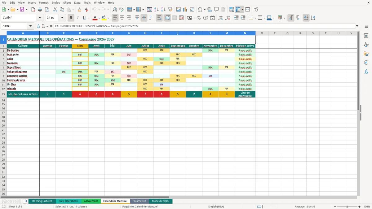 Capture d'écran 4 : Feuille Calendrier Mensuel - Modèle Excel planning cultures agricoles excel