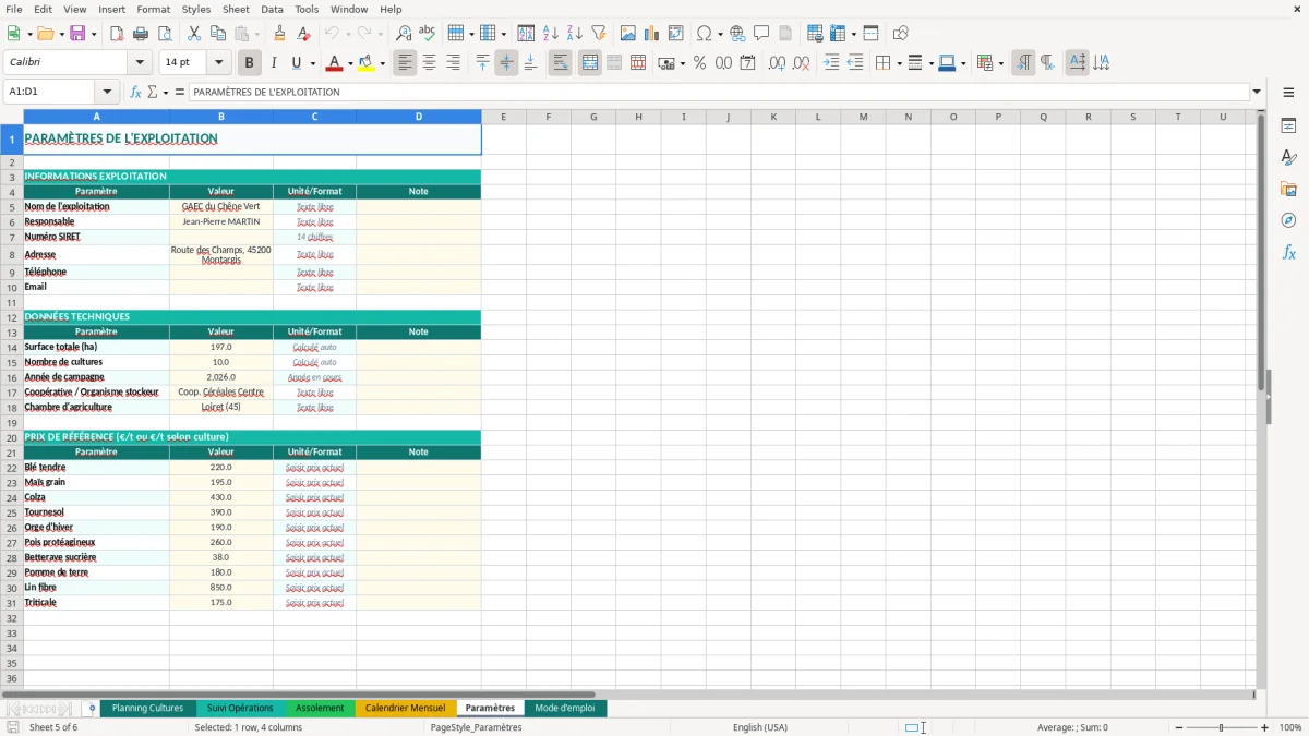 Capture d'écran 5 : Feuille Paramètres - Modèle Excel planning cultures agricoles excel