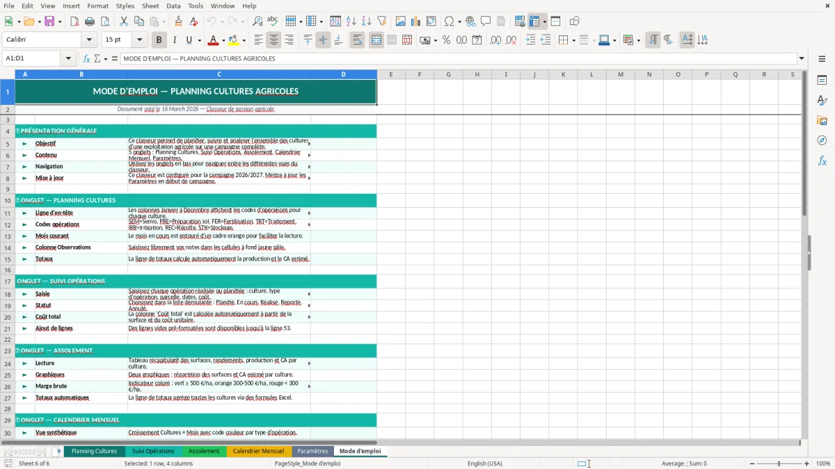Capture d'écran 6 : Feuille Mode d'emploi - Modèle Excel planning cultures agricoles excel