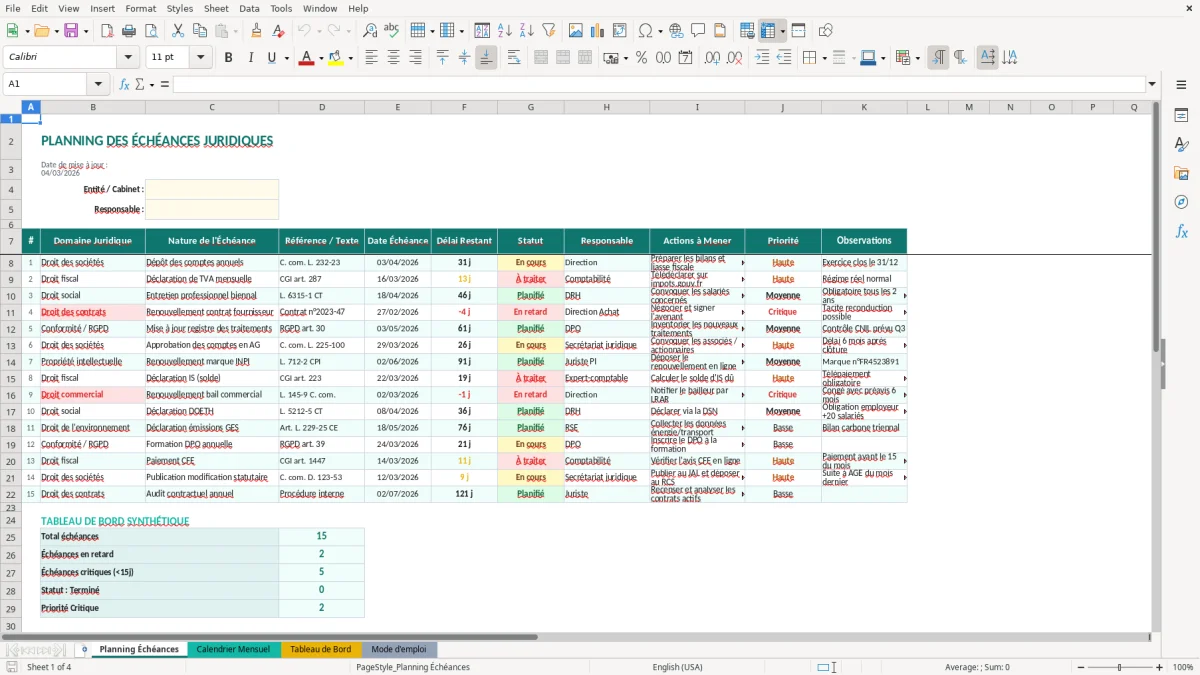 Capture d'écran 1 : Feuille Planning Échéances - Modèle Excel planning échéances juridiques excel