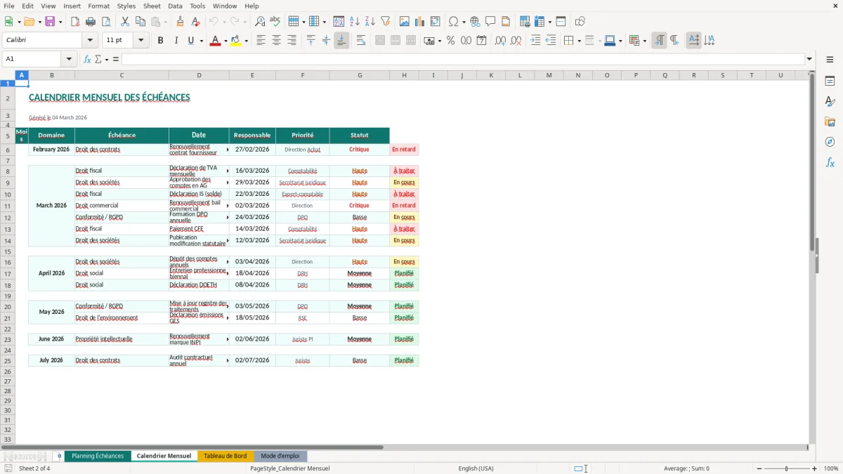 Capture d'écran 2 : Feuille Calendrier Mensuel - Modèle Excel planning échéances juridiques excel