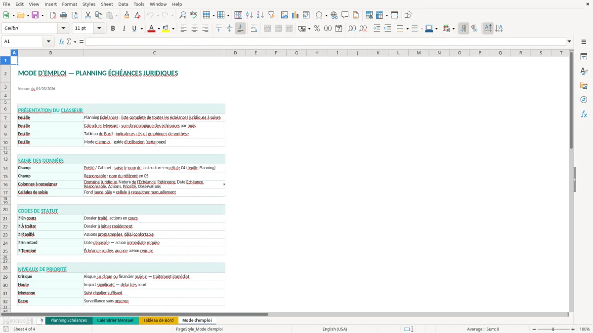 Capture d'écran 4 : Feuille Mode d'emploi - Modèle Excel planning échéances juridiques excel