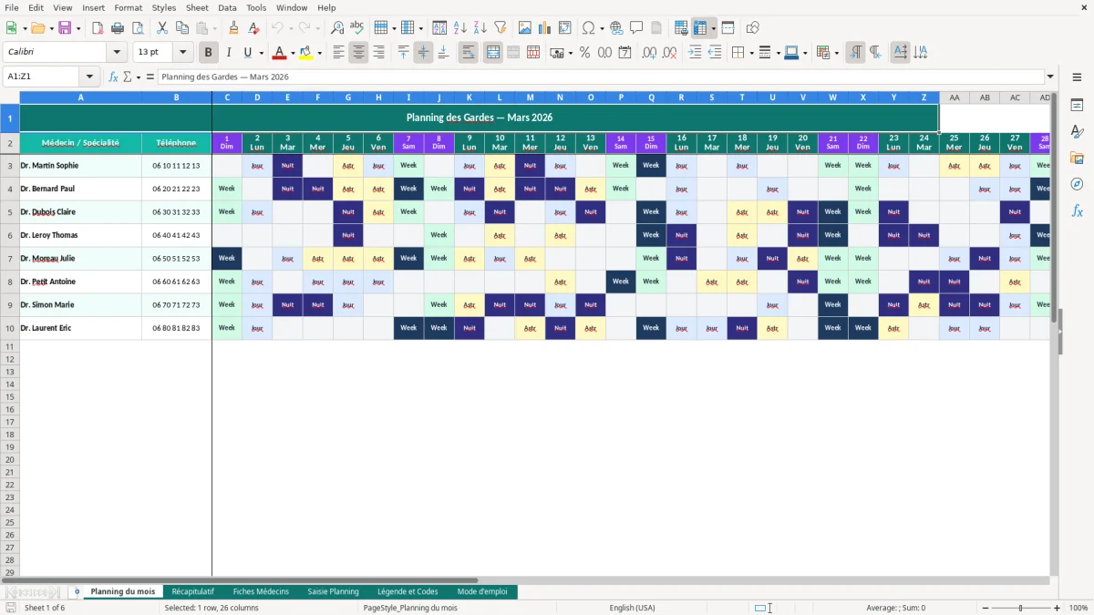 Capture d'écran 1 : Feuille Planning du mois - Modèle Excel planning gardes médecin excel