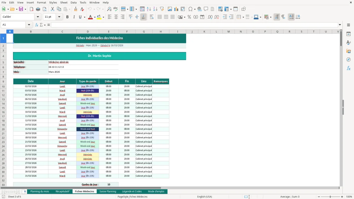 Capture d'écran 3 : Feuille Fiches Médecins - Modèle Excel planning gardes médecin excel