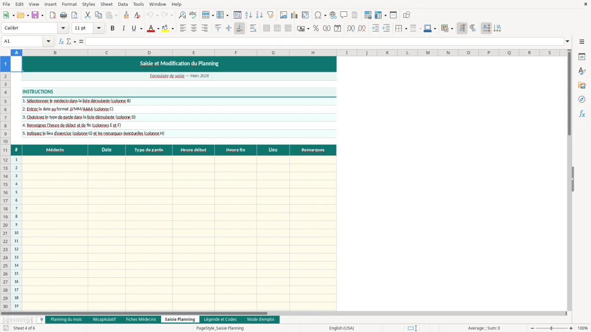 Capture d'écran 4 : Feuille Saisie Planning - Modèle Excel planning gardes médecin excel