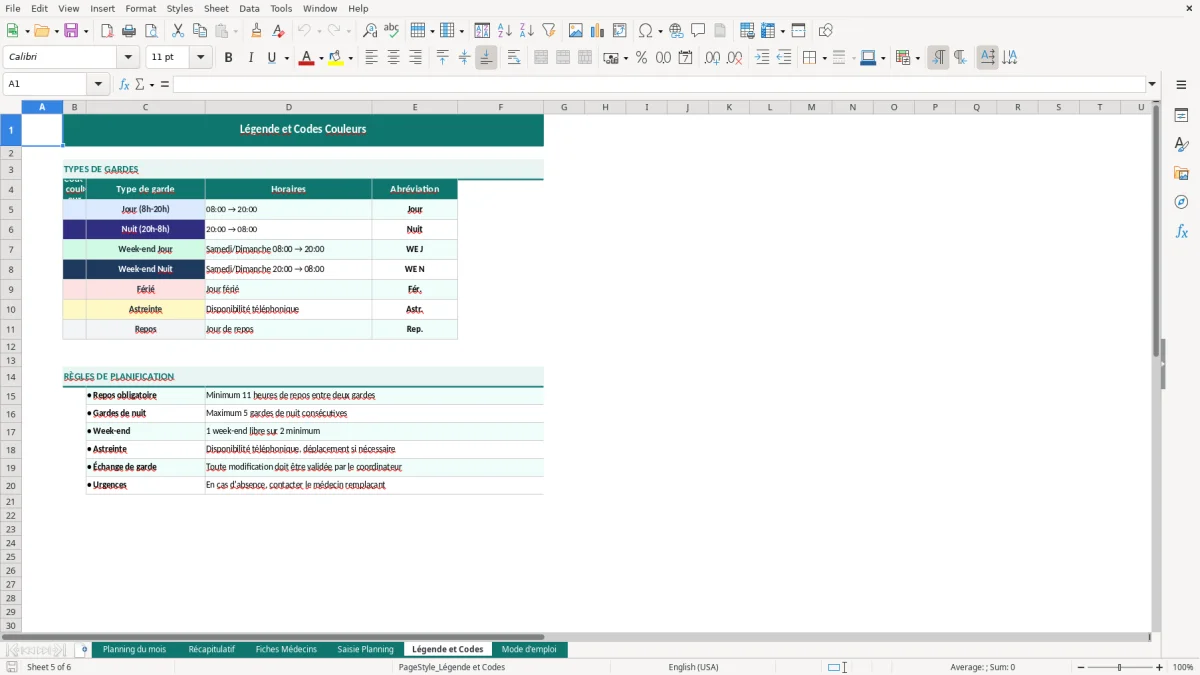 Capture d'écran 5 : Feuille Légende et Codes - Modèle Excel planning gardes médecin excel