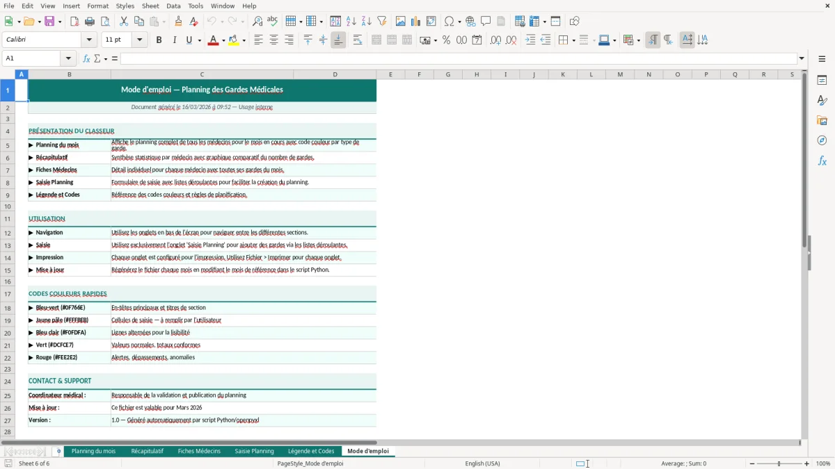 Capture d'écran 6 : Feuille Mode d'emploi - Modèle Excel planning gardes médecin excel