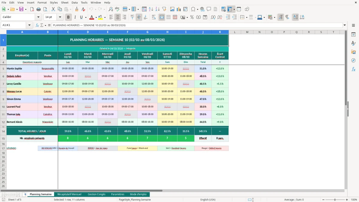 Capture d'écran 1 : Feuille Planning Semaine - Modèle Excel planning horaires magasin excel