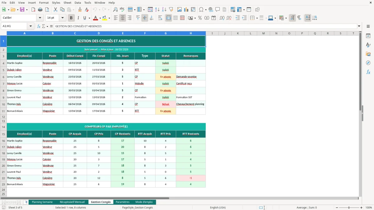 Capture d'écran 3 : Feuille Gestion Congés - Modèle Excel planning horaires magasin excel