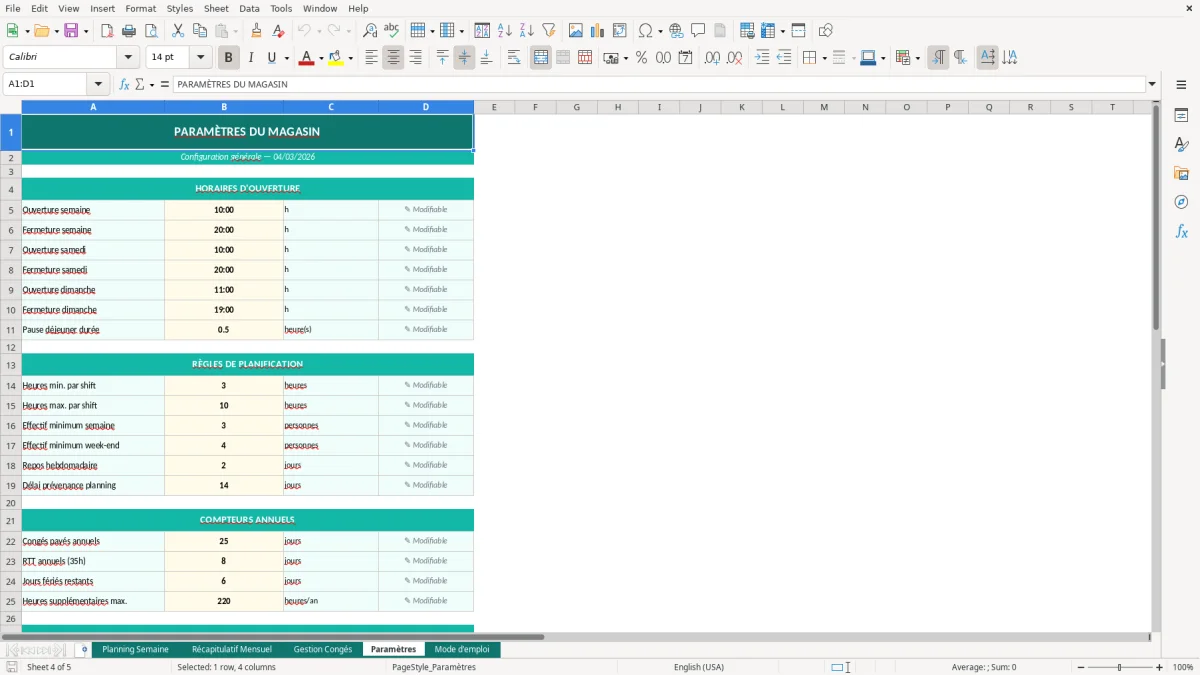 Capture d'écran 4 : Feuille Paramètres - Modèle Excel planning horaires magasin excel