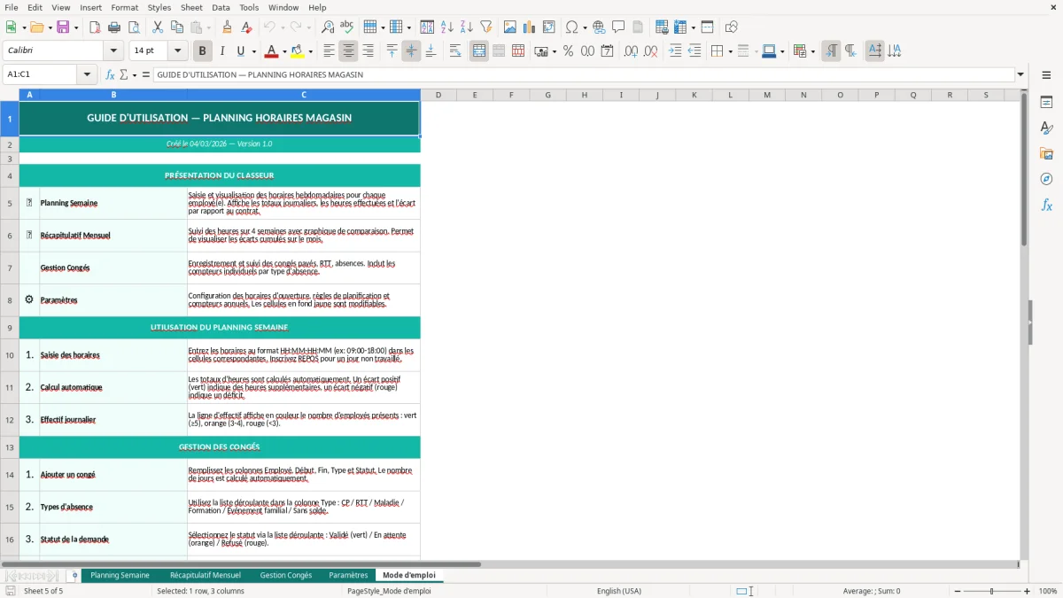 Capture d'écran 5 : Feuille Mode d'emploi - Modèle Excel planning horaires magasin excel