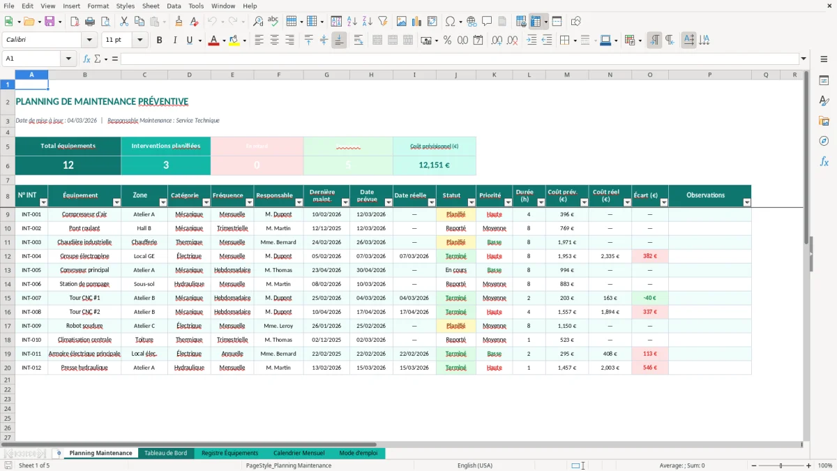 Capture d'écran 1 : Feuille Planning Maintenance - Modèle Excel planning maintenance préventive excel