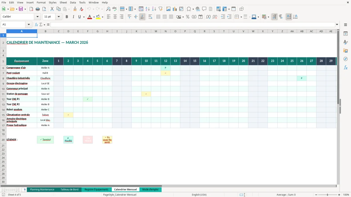 Capture d'écran 4 : Feuille Calendrier Mensuel - Modèle Excel planning maintenance préventive excel