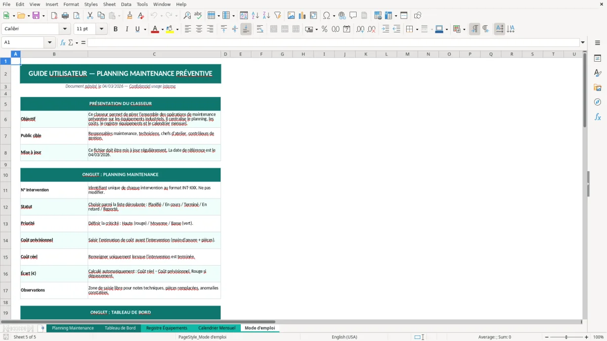 Capture d'écran 5 : Feuille Mode d'emploi - Modèle Excel planning maintenance préventive excel