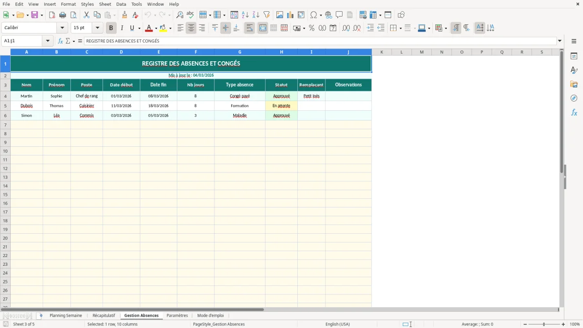 Capture d'écran 3 : Feuille Gestion Absences - Modèle Excel planning personnel restaurant excel