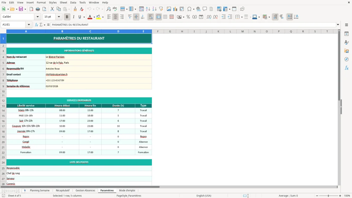 Capture d'écran 4 : Feuille Paramètres - Modèle Excel planning personnel restaurant excel