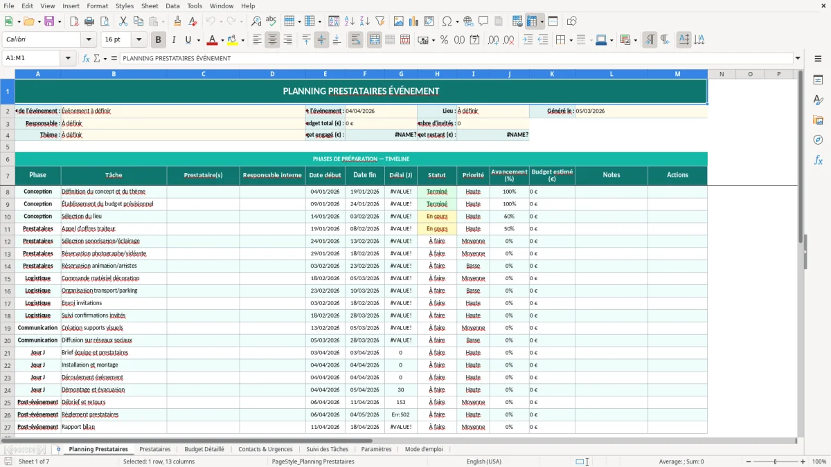 Capture d'écran 1 : Feuille Planning Prestataires - Modèle Excel planning prestataires événement excel
