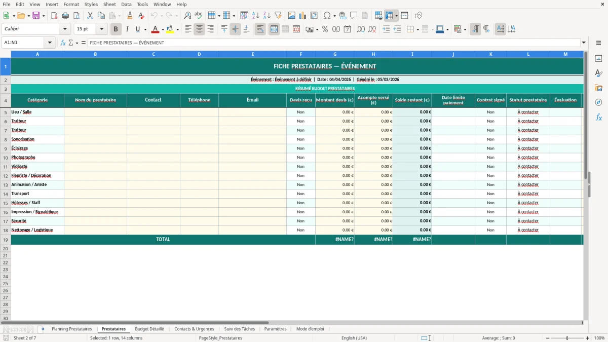 Capture d'écran 2 : Feuille Prestataires - Modèle Excel planning prestataires événement excel