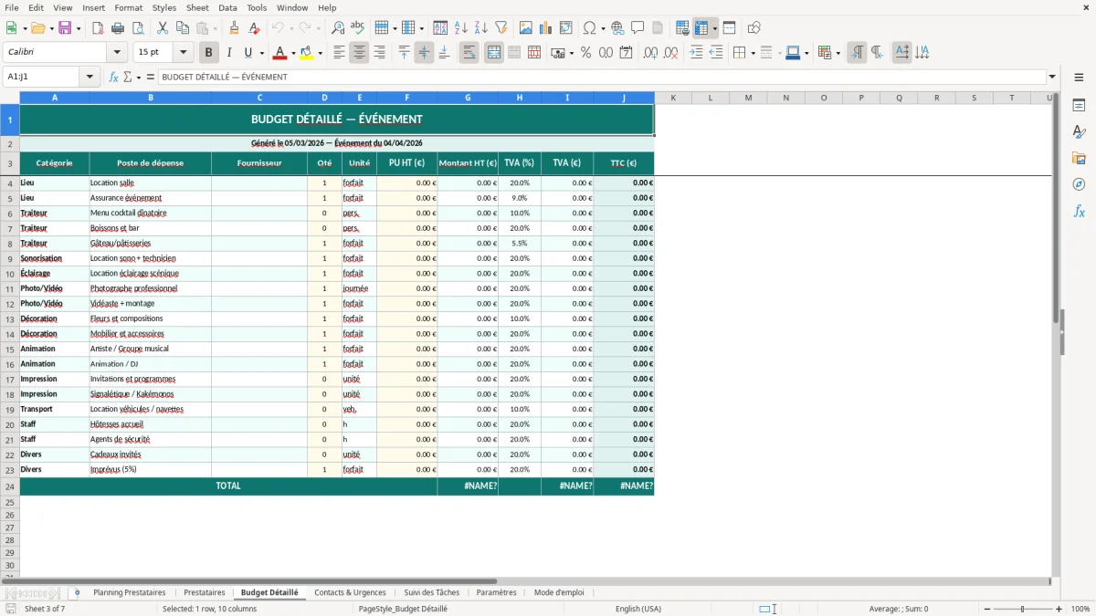 Capture d'écran 3 : Feuille Budget Détaillé - Modèle Excel planning prestataires événement excel