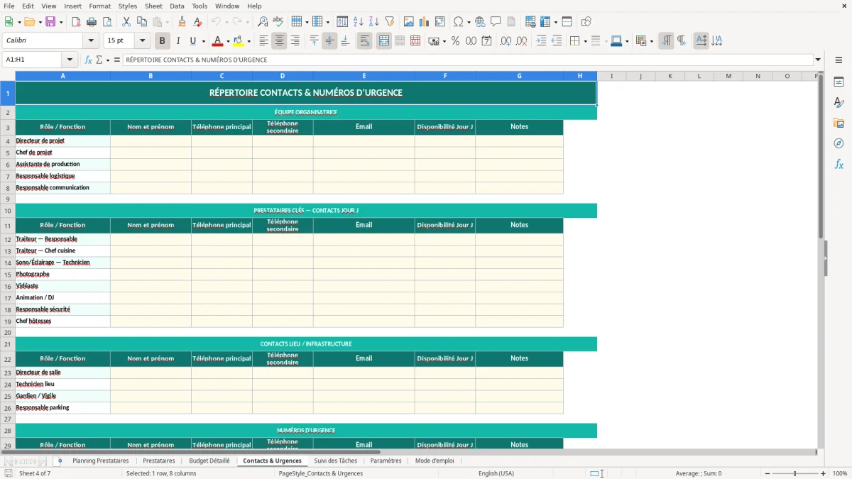 Capture d'écran 4 : Feuille Contacts & Urgences - Modèle Excel planning prestataires événement excel