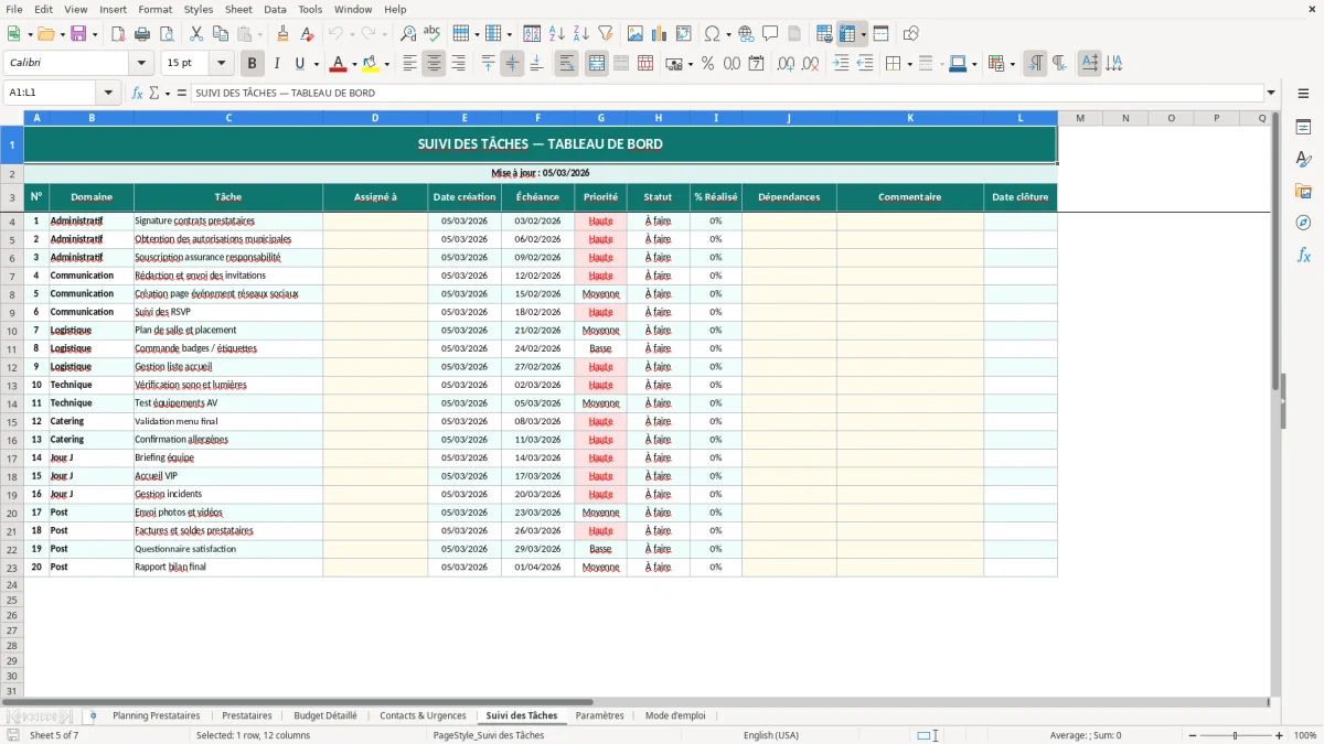Capture d'écran 5 : Feuille Suivi des Tâches - Modèle Excel planning prestataires événement excel