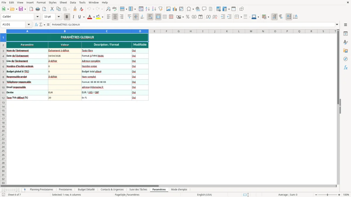 Capture d'écran 6 : Feuille Paramètres - Modèle Excel planning prestataires événement excel