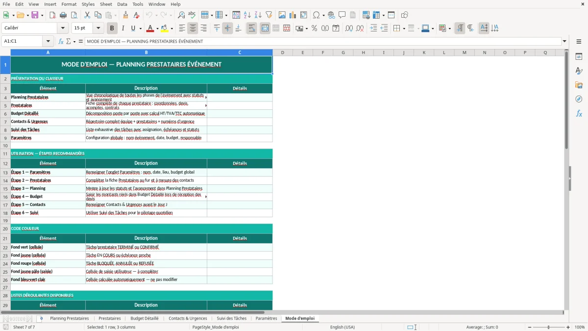 Capture d'écran 7 : Feuille Mode d'emploi - Modèle Excel planning prestataires événement excel