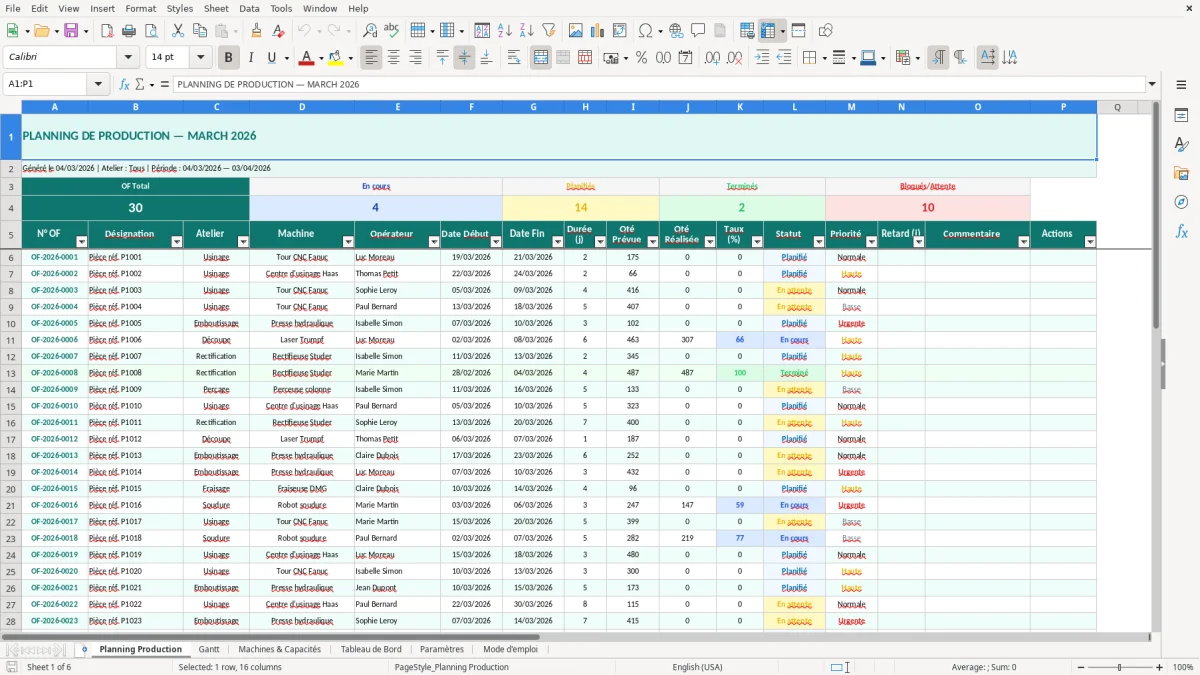 Capture d'écran 1 : Feuille Planning Production - Modèle Excel planning production excel