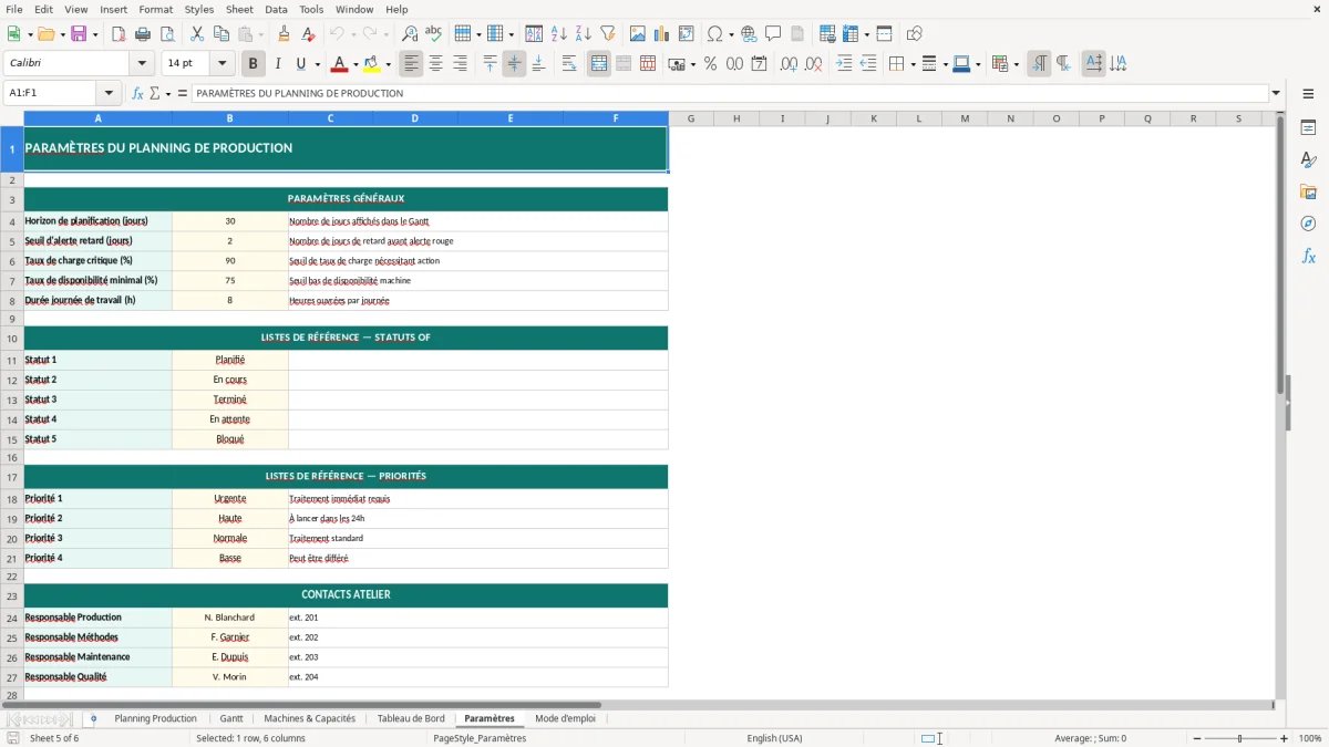 Capture d'écran 5 : Feuille Paramètres - Modèle Excel planning production excel