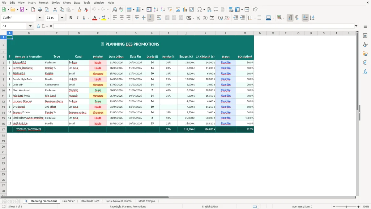 Capture d'écran 1 : Feuille Planning Promotions - Modèle Excel planning promotions excel