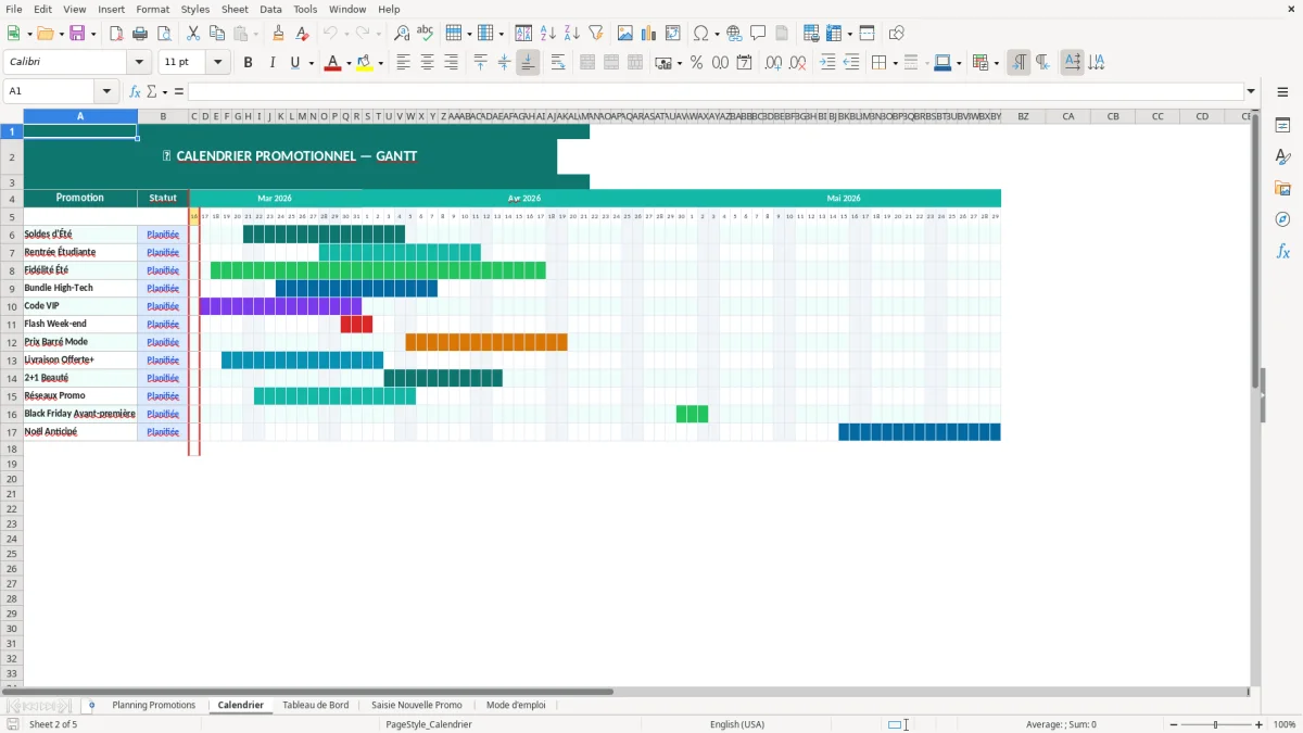 Capture d'écran 2 : Feuille Calendrier - Modèle Excel planning promotions excel