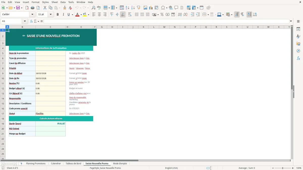 Capture d'écran 4 : Feuille Saisie Nouvelle Promo - Modèle Excel planning promotions excel